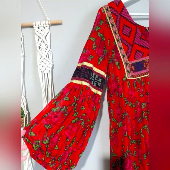 Free People Bold Blooms Red Rose V Neck Embroidered Maxi Dress XS - Picture 6 of 9